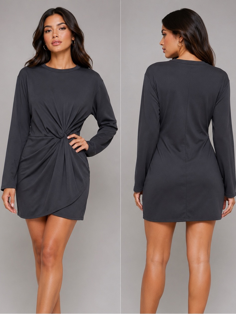 Socialite Black Twist Front Long Sleeve Asymmetric Wrap Mini Bodycon Dress L NWT